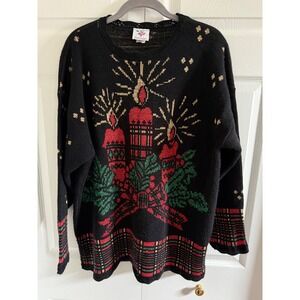 Nutcracker Black Knit Candle‎ Plaid Ugly Christmas Sweater Women's Large